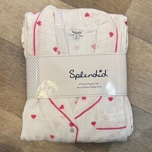 Splendid White Pajama Set with Pink Hearts